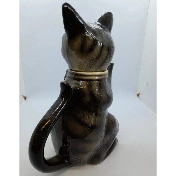 VINTAGE "FOOT" TONY WOOD STUDIO GREY/BLACK TABBY CAT TEA POT EUC - Picture 3 of 12